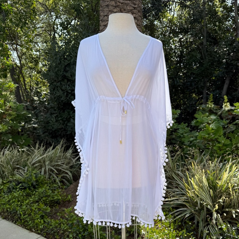 BLEU by Rod Beattie pom-pom trimmed sheer coverup - size S NWT